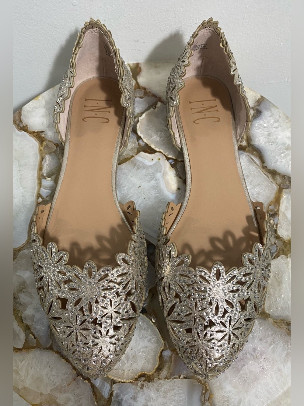 INC International Concepts Beige Metallic Laser-Cut Rhinestone Flat Sandals